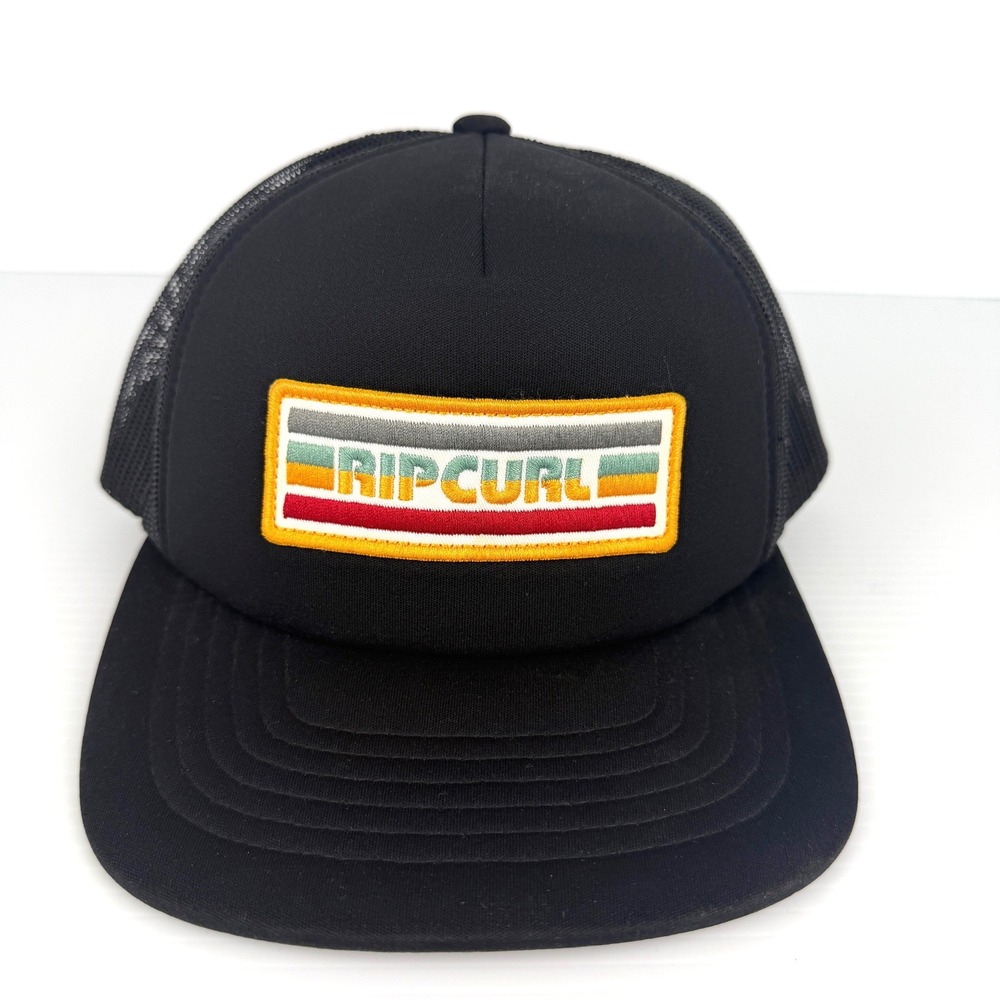 Rip Curl Mens Black Trucker Hat Retro Stripe‎ Patch Mesh Snapback Yupoong Cap